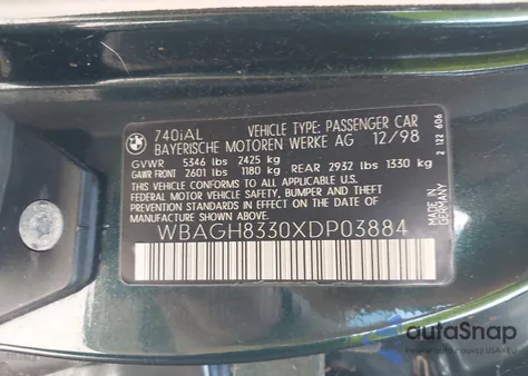 1999 BMW 740Il Il from USA, damaged, VIN WBAGH8330XDP03884